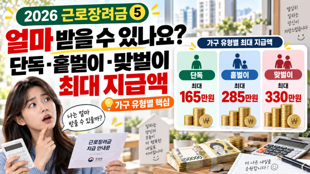 2026 근로장려금 ⑤ 얼마 받을 수 있나요? 단독·홑벌이·맞벌이 최대 지급액
