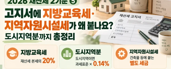 2026년 재산세 2기분 고지서에 지방교육세, 지역자원시설세, 도시지역분이 함께 부과되는 이유를 정리한 이미지