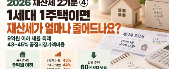2026년 재산세 2기분에서 1세대 1주택의 세금 감면 효과와 공시가격 9억원 이하, 공정시장가액비율 43~45% 특례를 설명한 이미지