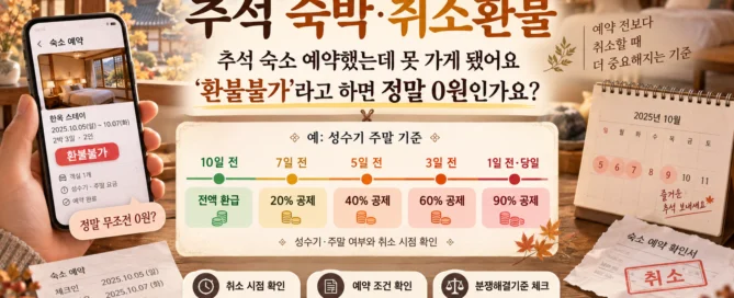 추석 숙소 예약 취소 시 환불불가 문구와 성수기 주말 기준 취소환불 비율을 함께 안내하는 이미지