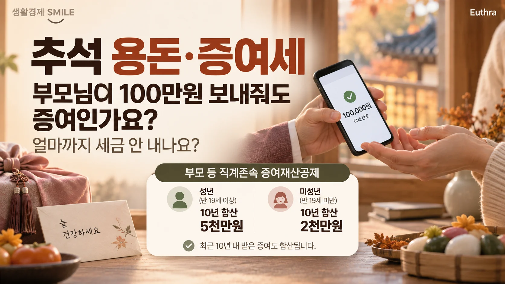 추석에 부모님이 보내준 용돈이 증여에 해당하는지와 성년 5천만원, 미성년 2천만원의 10년 합산 증여재산공제 기준을 보여주는 이미지