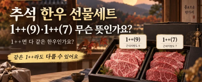 추석 한우 선물세트의 1++(9)과 1++(7) 표시를 근내지방도 차이와 함께 비교한 이미지