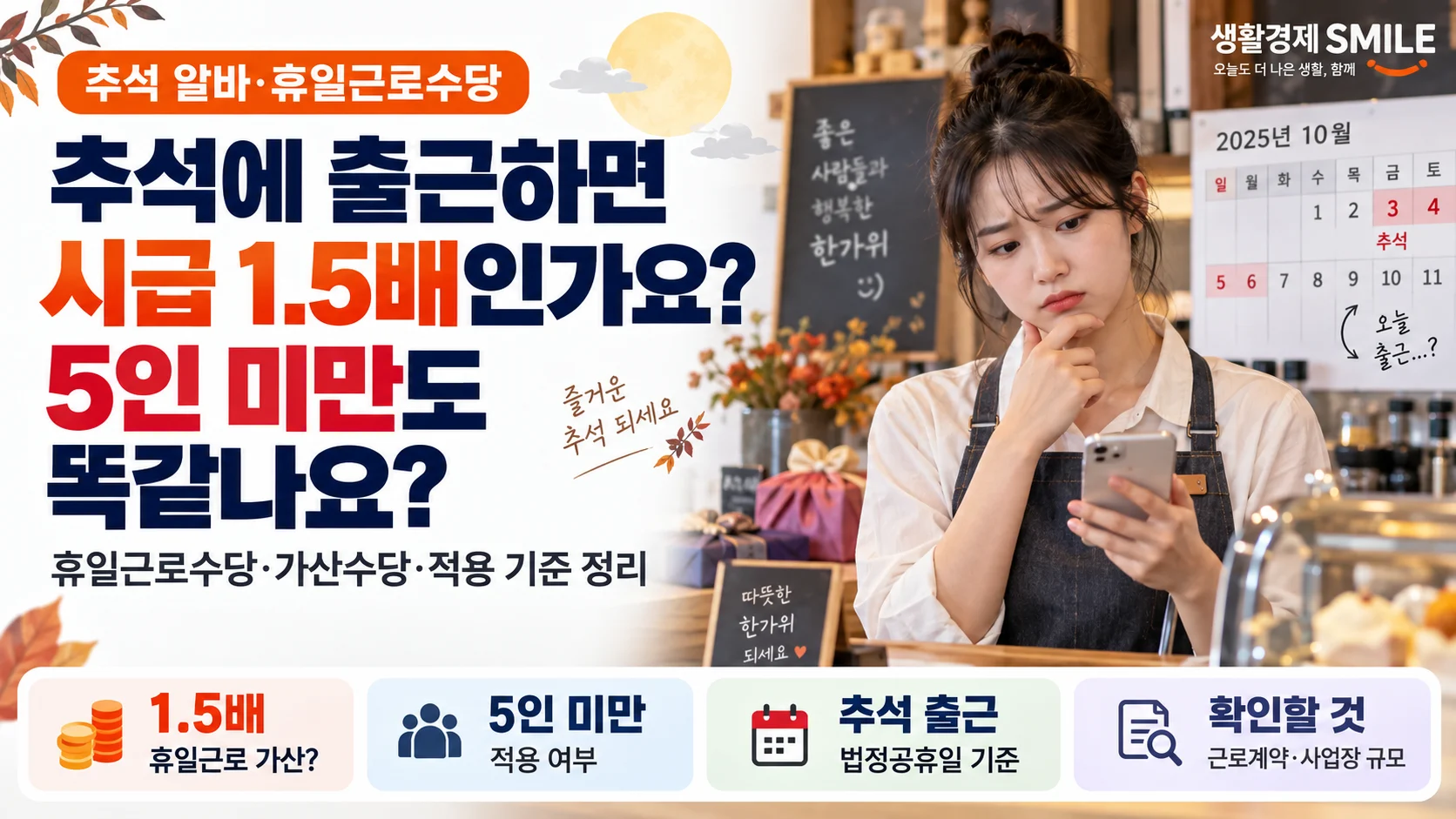 추석에 출근하는 아르바이트의 휴일근로수당과 시급 1.5배 적용 여부, 5인 미만 사업장 기준을 안내하는 대표 이미지