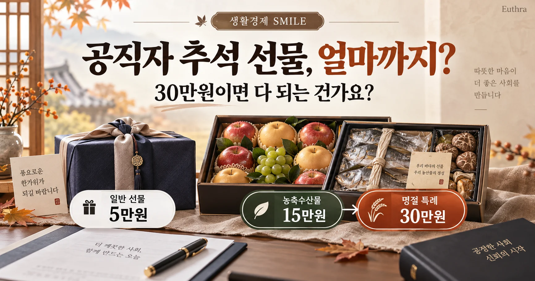 추석 선물상자와 함께 일반 선물 5만원, 농축수산물 15만원, 명절 특례 30만원을 비교한 이미지