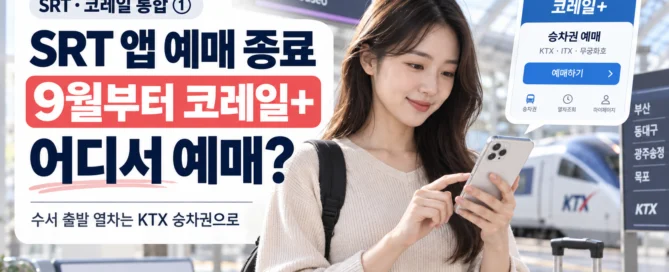 수서역에서 스마트폰으로 코레일+ 승차권 예매를 확인하는 여행객과 KTX 열차