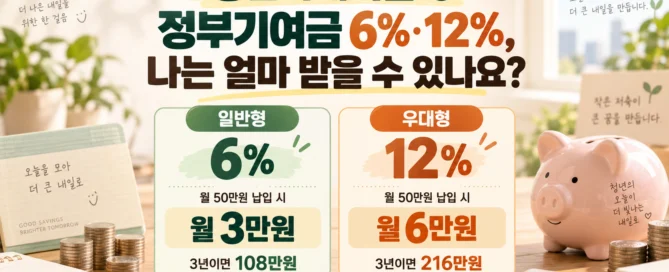 청년미래적금 정부기여금 일반형 6%와 우대형 12%를 비교하고 월 50만원 납입 시 받을 수 있는 금액을 보여주는 이미지
