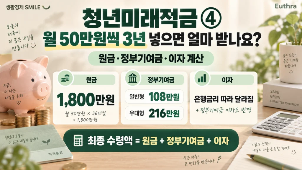 청년미래적금 ④ 월 50만원씩 3년 넣으면 얼마 받나요? 원금·정부기여금·이자 계산