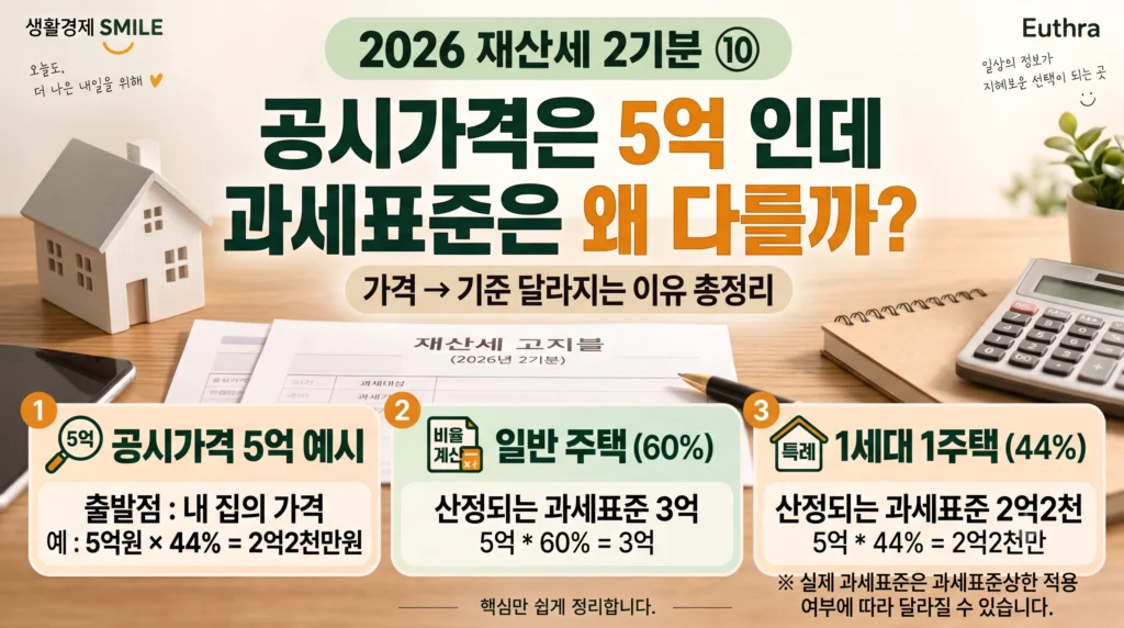 2026 재산세 2기분 ⑩ 공시가격 5억원인데 왜 재산세 과세표준은 5억원이 아닌가요? 공정시장가액비율 계산법