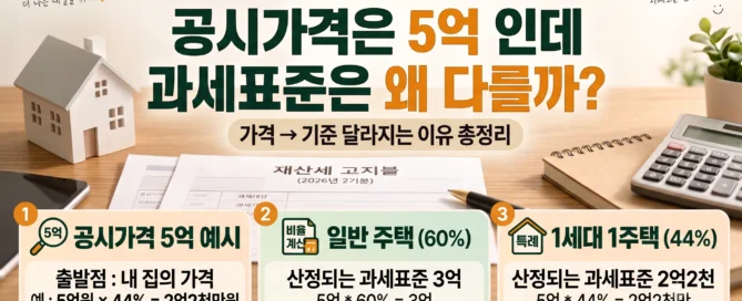 2026년 재산세 2기분에서 공시가격 5억원 주택의 과세표준을 일반 주택 60%와 1세대 1주택 44% 공정시장가액비율로 비교한 이미지