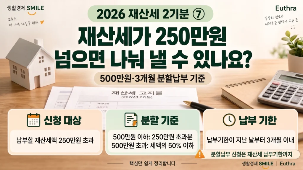 헛갈리는 생활경제｜2026 재산세 2기분 ⑦ 재산세가 250만원 넘으면 나눠 낼 수 있나요? 500만원·3개월 분할납부 기준