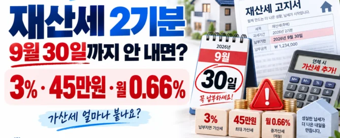 재산세 2기분 납부기한 9월 30일을 넘겼을 때 3퍼센트·45만원·월 0.66퍼센트 가산세 기준을 안내하는 대표이미지