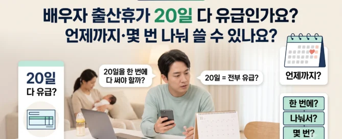 배우자 출산휴가 20일이 모두 유급인지 언제까지 몇 번 나눠 사용할 수 있는지 확인하는 직장인 대표이미지